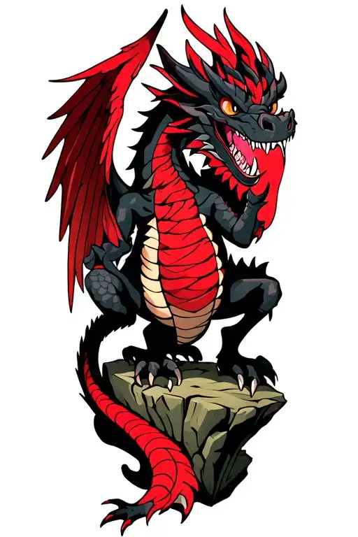 Black Dragon With A Red Stomach And Red Wing Webbing Stood On A Rock