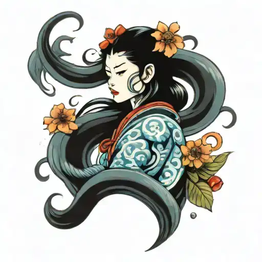 A Female Yokai With Waves And Flowers As Background