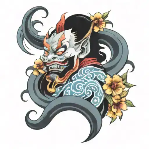 A Oni Mask With Waves And Flowers As Background