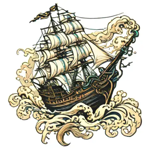 Pirate Ship And Crew Sailing