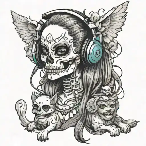 Cute Skull Girl Wearing Headphones With Pets