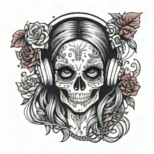Cute Skull Girl Wearing Headphones With Real