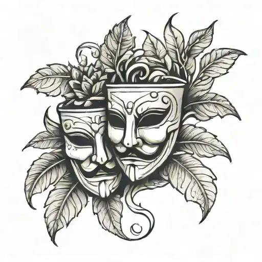 A Pot With A Plant With Two Theatre Masks Instead Of Leaves