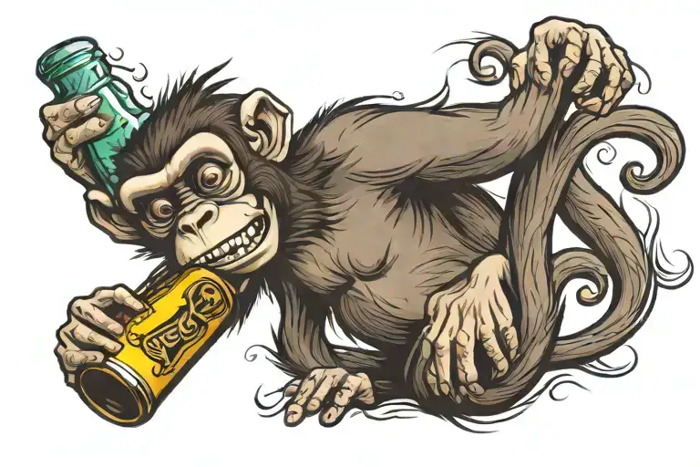 Serfing Monkey On A Beer Bottle Tattoo Design