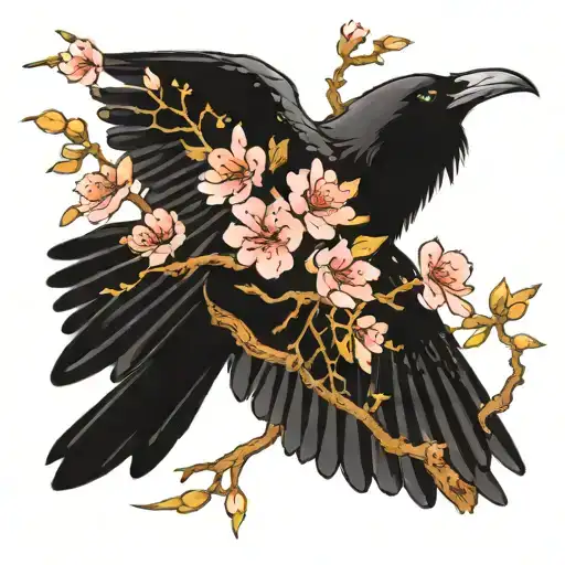 Crow On A Living Branch With Cherry Blossoms