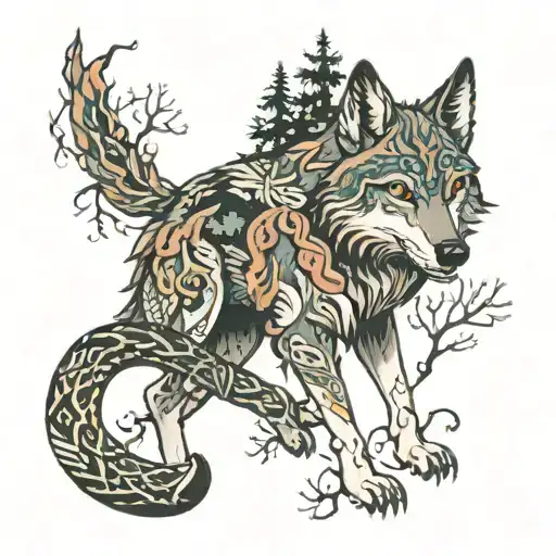 A Picture Of A Wolf In The Forest With A Snake On Its Back