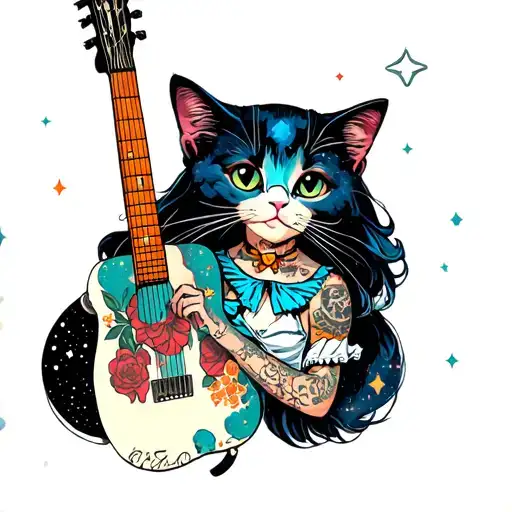 Alice In Wonderland With Tattoos Playong Guitar For Her Cat In Space