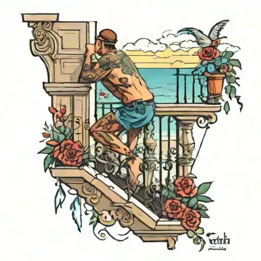 Climbing Up A Balcony At The Beach Scene