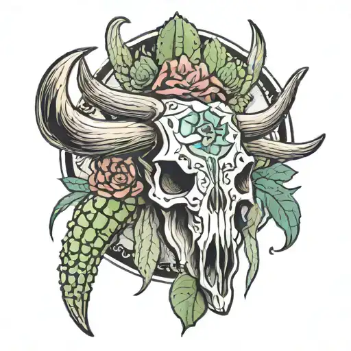 Longhorn Skull Surrounded By Cacti Texas