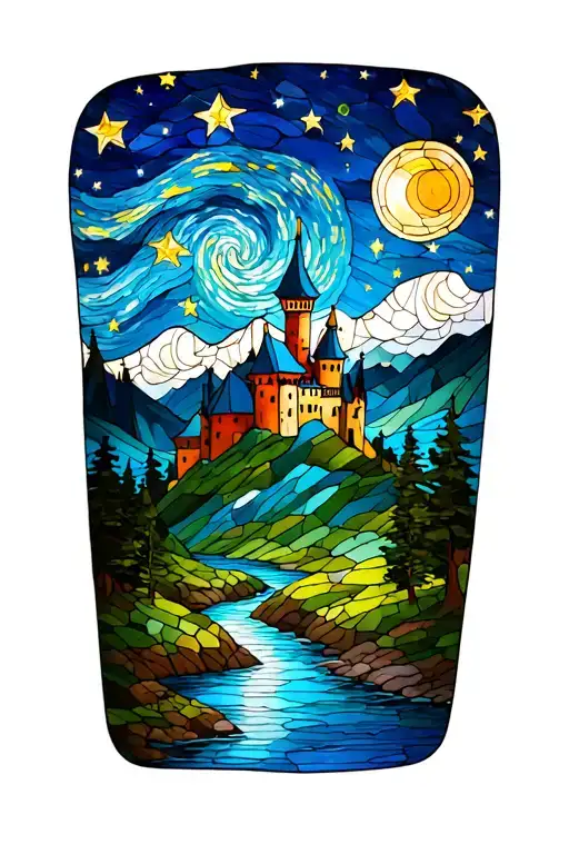 Stained Glass Starry Night Sky So Thy Castle On Mountain Scene By River