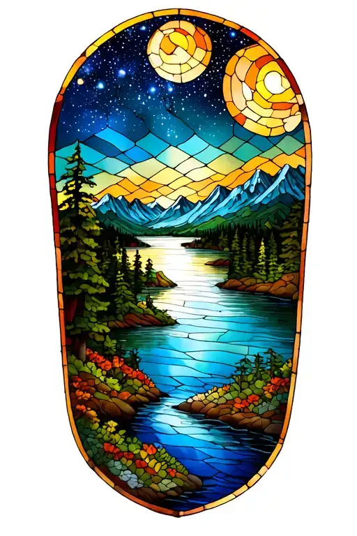 Stained Glass Starry Night Sky Mountain Scene By River