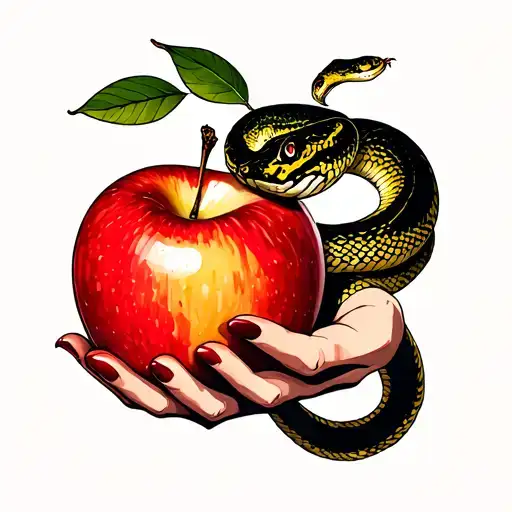 Femle Hand Holding An Apple With A Snake Coiled Around