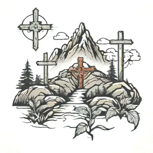 Mountain Path Leading To Peak And 3 Crosses