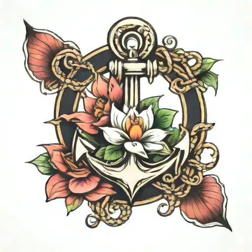 Anchor Intertwined With Lotus Flowers Feminine
