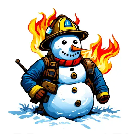 Snowman With Fire Helmet Traditional Firefighter Battling Flames