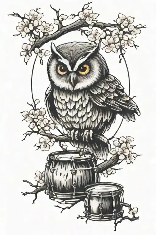 Owl Sitting On A Wooden Snare Drum With Cherry Blossom Tree