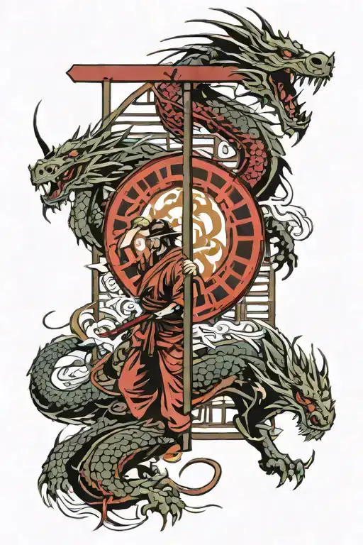 A Dragon Behind A Gate And A Samurai In Standing In Front Of The Gate