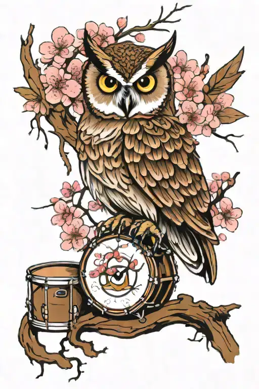 An Owl Sitting On A Wooden Snare Drum With Wooden Rims And Cherry Blossoms Coming Out Of It