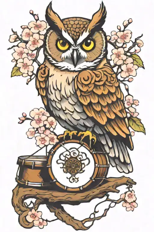 An Owl Sitting On A Wooden Snare Drum With Wooden Rims And Cherry Blossoms Coming Out Of It