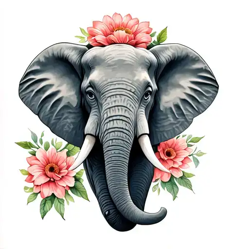 Elephant Head Facing With A Flower Coming Out Of Its Trunk