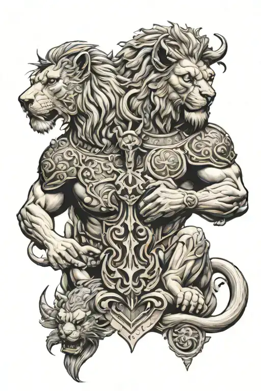 Realistic Tattoo Lion Male And Female Gargoyle Warrior With Her