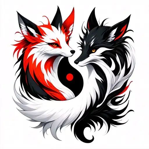 A Red Nine-tailed Fox And A White Nine-tailed Fox In An Intricate Yin And Yang Configuration
