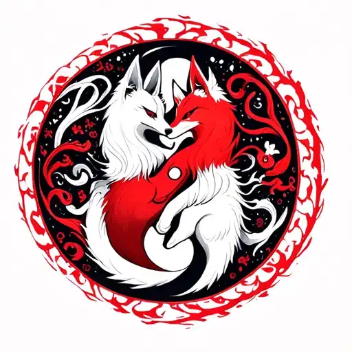A Red Nine-tailed Fox And A White Nine-tailed Fox In An Intricate Yin And Yang Configuration