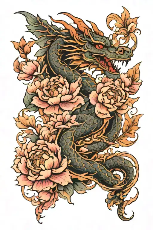Dragon And Peony Flowers
