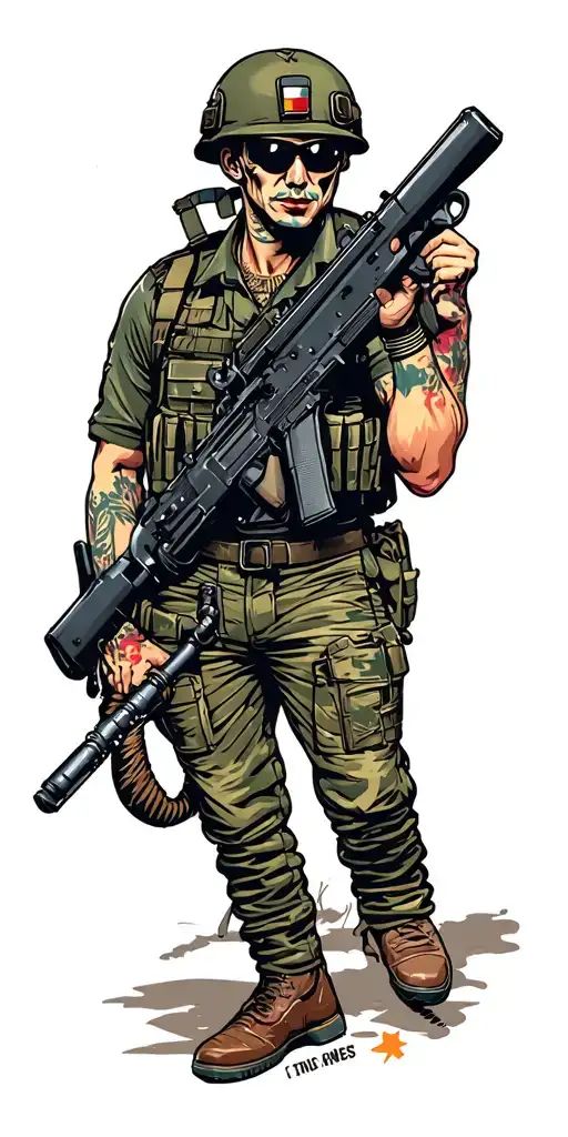 Neotraditional Design Of A Punk Soldier With An Ags-17 Grenade Launcher As A Weapon