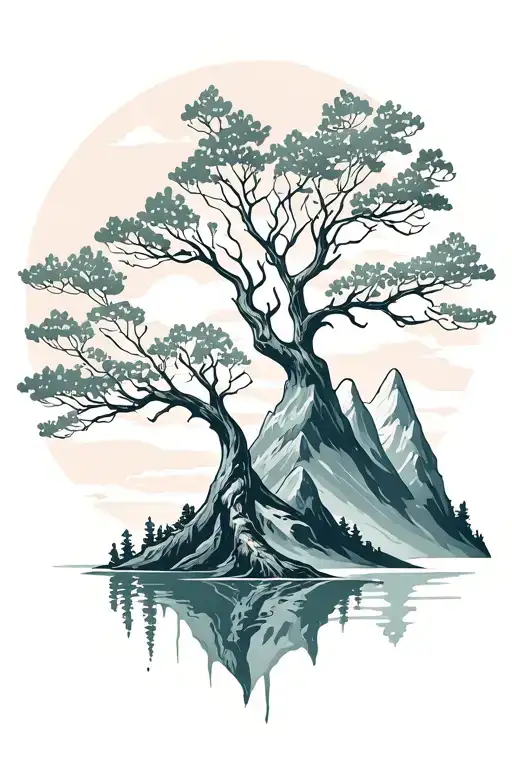 Tree And Mountain Coverup Tattoo Design