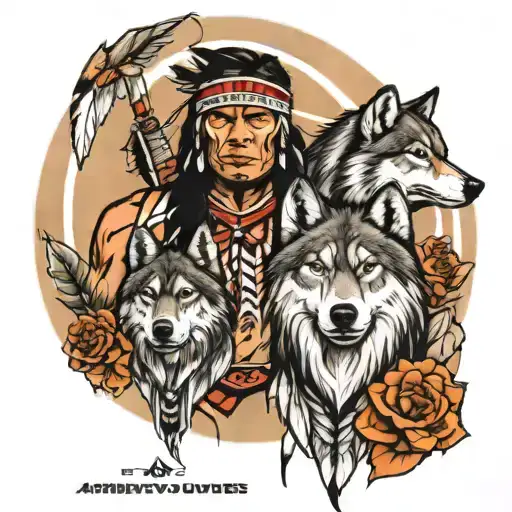 American Indian And Wolves Representing Family
