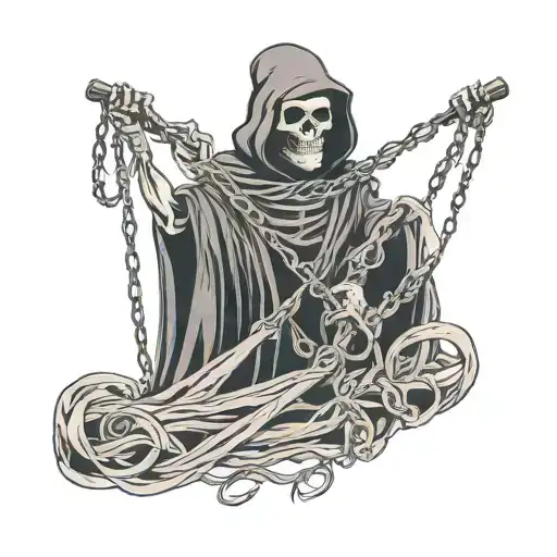 Grim Reaper With Hand Out Holding Strings Connected To Human Puppet