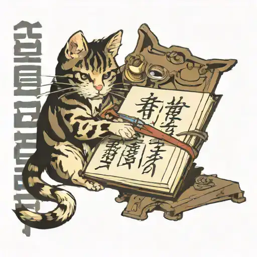 Cat Eating Death Notebook While It Shows Pages With Kanji Written On It