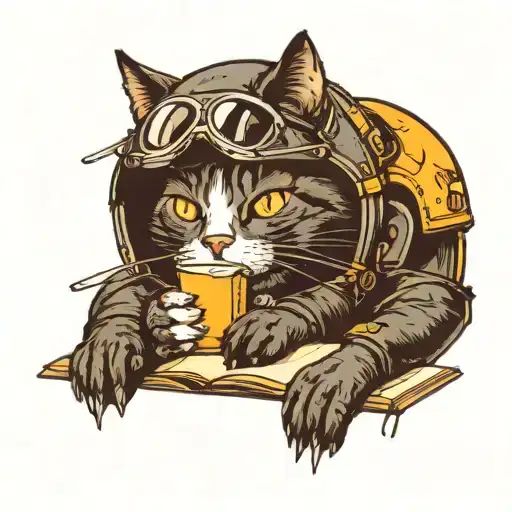 Black Sleep Deprived Cat Wearing Motorcycle Helmet Eating Notebook