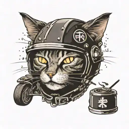 Black Sleep Deprived Cat Wearing Motorcycle Helmet Eating Notebook With Kanji Written