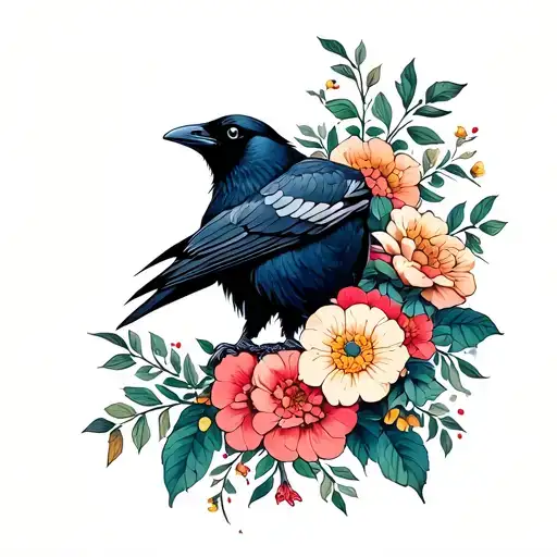 Crow With Flowers Surrounding