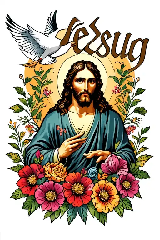 Jesus Written In A Unique Font Surrounded By Flowers With A Flying Dove In The Top Right