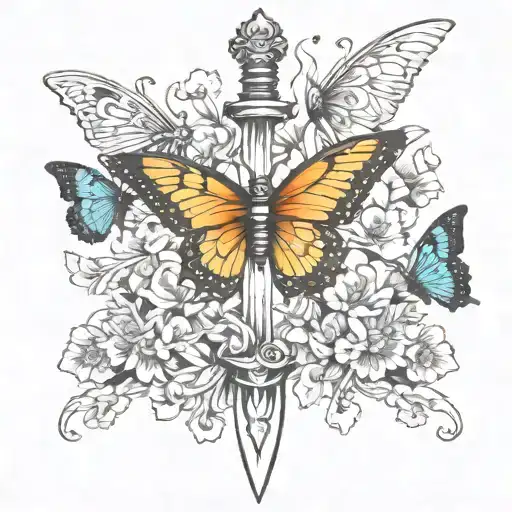 Sword Down Spine With Butterflies