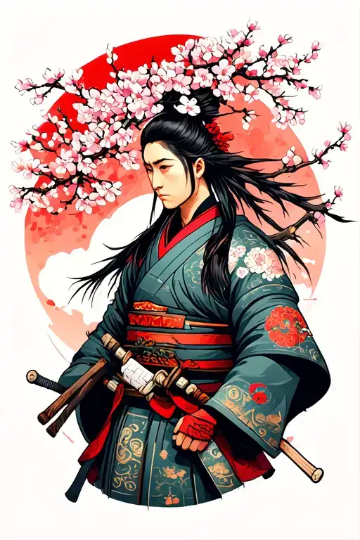 Japan Warrior With Sakura Tree