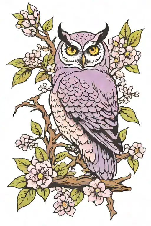 Lilac And Owl Perched On A Branch