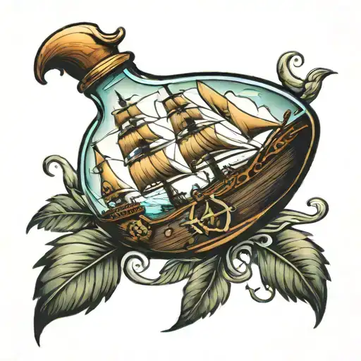 Pirate Ship In A Bottle With A Dodo Incorporated Within