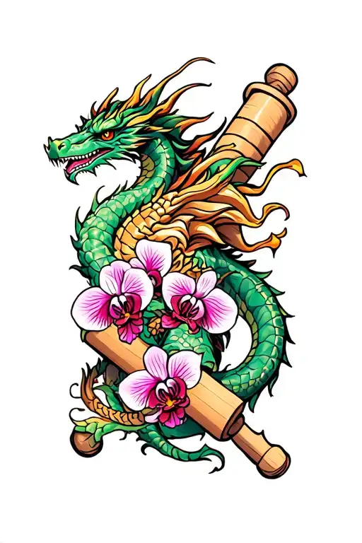 Dragon Wrapped Around A Rolling Pin With Orchids Intertwined