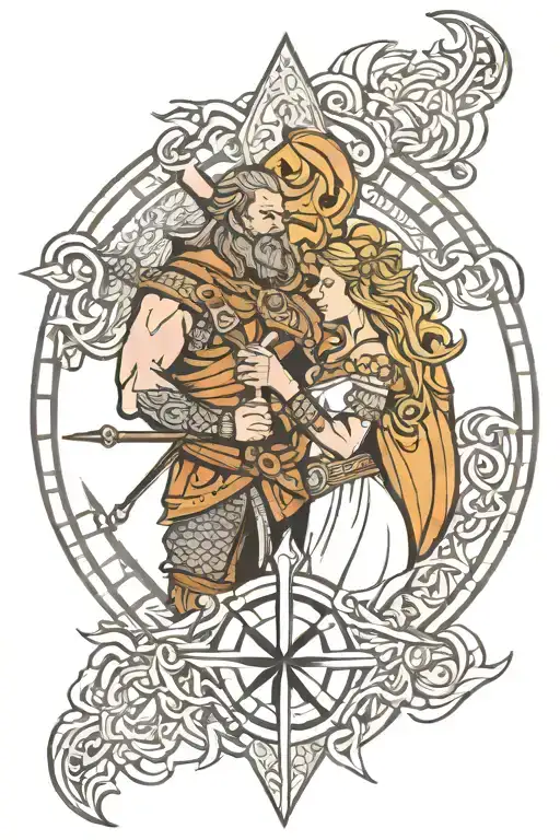 Viking Warrior And Bride Inside Viking Compass Outline