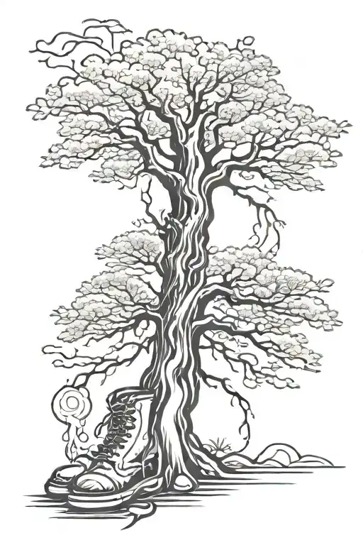 Prothestic Leg Tattoo With A Hammer As A Foot Print And A Tree On Top Of The Leg