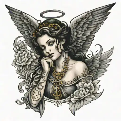 Black Coloured Angel With Wings Shadowing Beutiful Religon Pretty Face