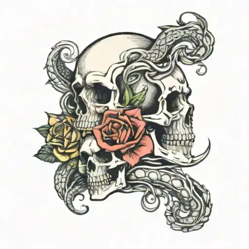 Half Skull With Roses And Half Merdusa With Snakes