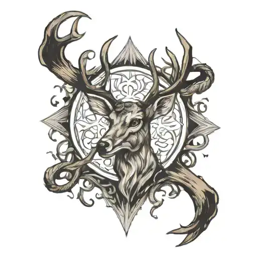 Celctic Cross In Front Of A Roaring Deer Antlers