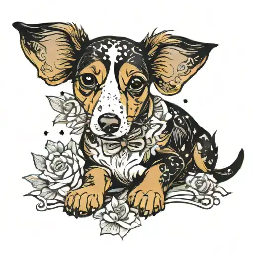 Dashchund Piebald Black White And Tan With Black Ticking Floral Stars Female Maggie