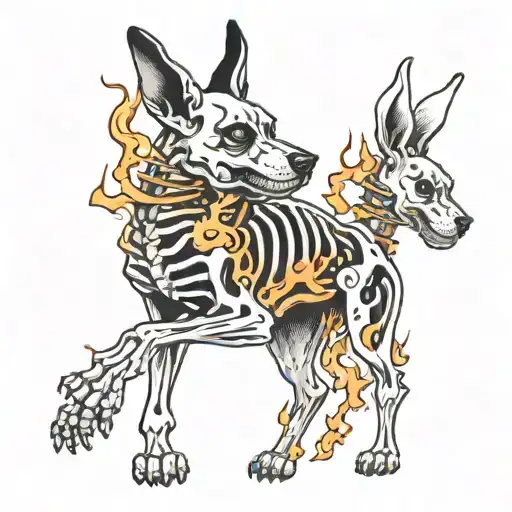 Skeleton Dog Playing With Skeleton Rabbit Surrounded By Flames