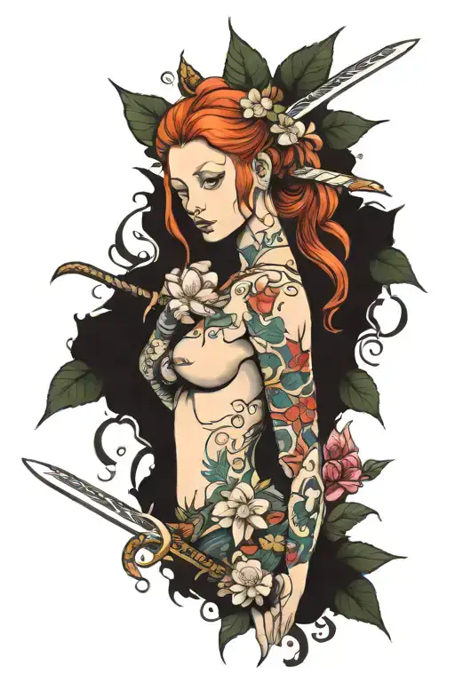 Ginger Woman Worrier With Sword And Cherry Flowers